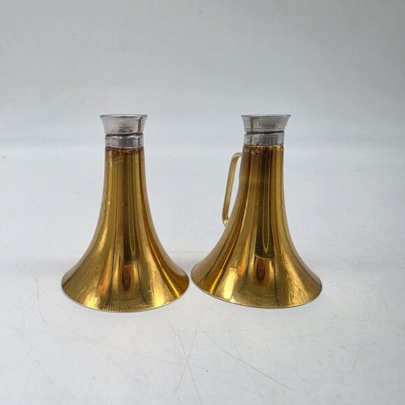 Vintage Brass & Glass Buggle Horn Shaped Salt & Pepper Shakers Removable Caps - Picture 7 of 10